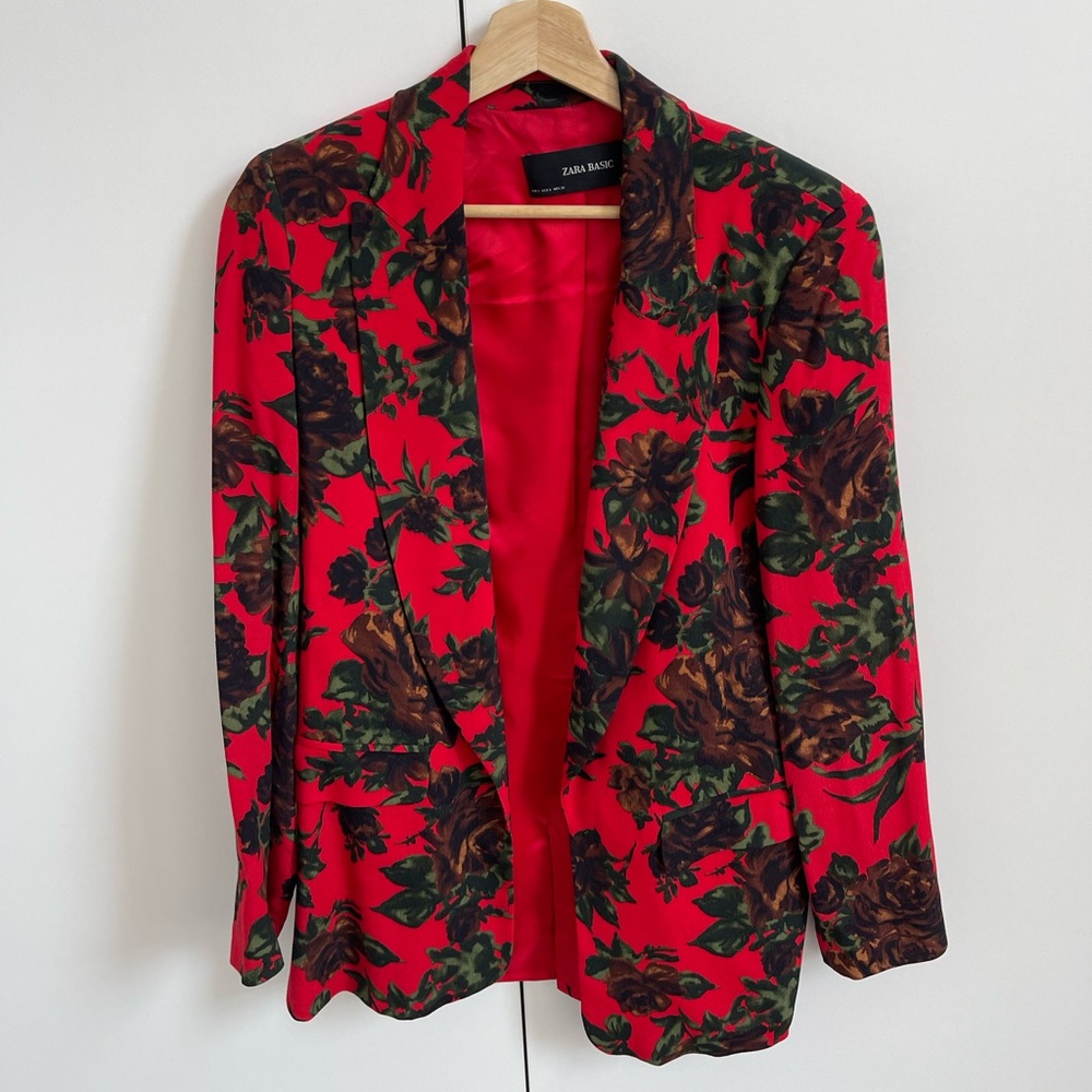 Zara red floral print blazer